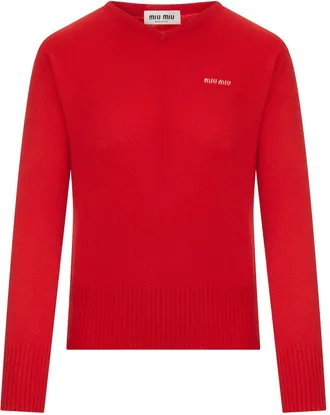 Miu Miu CASHMERE V-NECK SWEATER WITH LOGO - Miu Miu - Woman