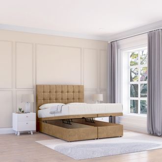Sloomy Alabama Dumfries Fabric Ottoman Bed End Opening With Sprung Memory Mattress & 26 Inch strut Headboard in Light Beige | Size: Small Single