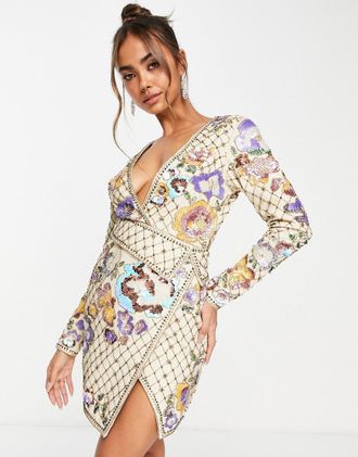 Asos Structured twill mini dress with Art Nouveau embellishment-White