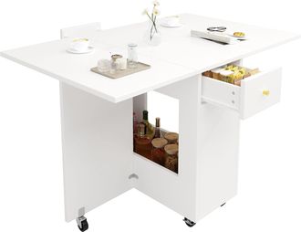 STILVORA Mesa De Comedor Para 2-4 Personas Con 2 Alas Abatibles, 2 Cajones Y Ruedas Con Freno, De Mdf, 120 X 75 X 75 Cm, Blanco