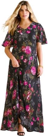 Roaman's Plus Size Hand Crinkled Flutter Sleeve Maxi Dress in Black Painted Floral at Nordstrom, Size 28