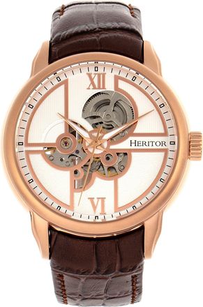 Heritor Sanford Semi-Skeleton Leather-Band Watch