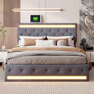 OEM Cama 140x200 Cm Capiton&eacute; Gris En Lino Con Cajones, Led Integrada, Somier De Lamas Y Puertos Usb/type-c