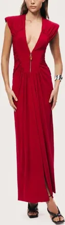Nocturne Ruched Deep V-Neck Maxi Dress in Red at Nordstrom, Size X-Small