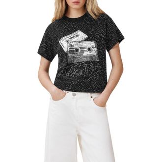 AllSaints Reel Elle Rhinestone Cotton Graphic T-Shirt in Black at Nordstrom, Size Small