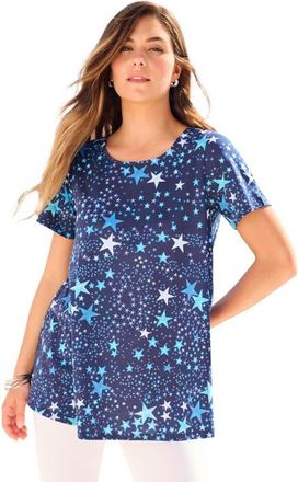 Roaman's Plus Size Ultimate Cotton Crewneck Short Sleeve Swing Tee in Navy Stars at Nordstrom, Size Medium
