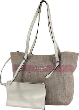 Prada Pink White Canvas Leather Tote Bag (Pre-Owned)