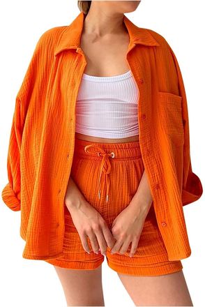 Generic 2 Piece Cotton Linen Set Women, Long Sleeve Blouses Tops and Wide Leg Shorts Co Ord Sets Tracksuit Oversized Loungewear Sets Y2k Aesthetic Clothes Lou