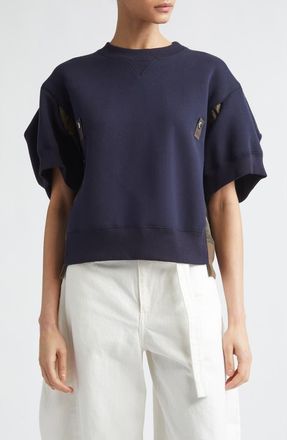 sacai Sponge Short Sleeve Pullover Sweatshirt in Navy/Dark Khaki at Nordstrom, Size 3