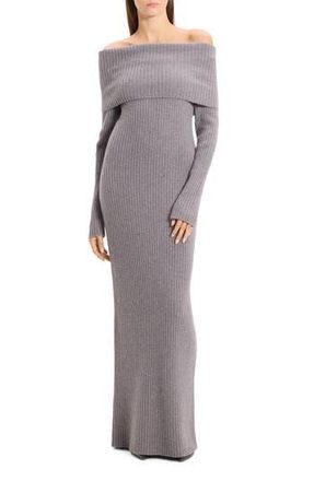 Theory Off the Shoulder Long Sleeve Rib Wool & Cashmere Maxi Dress in Grey Heather at Nordstrom Rack, Size Medium