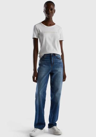 Benetton T-Shirt, Damen, Gr. XS (34), weiss (wei&szlig;), Jersey, Obermaterial: 100% Baumwolle, UNITED COLORS OF BENETTON, Glitzermuster, bedruckt, unifarben, Basic,