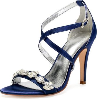 Generic Womens High Bridal Open Toe Ankle Strap Heels Stilettos Sexy Dress Shoes Wedding Bridal Pumps Sandals 10.5Cm,Dark Blue,3 UK