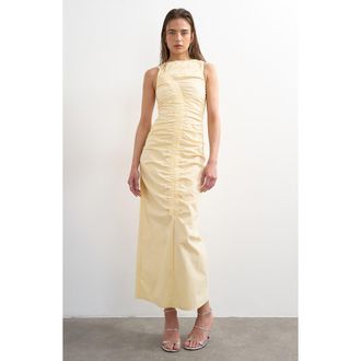 Topshop Ruched Detail Sleeveless Cotton Blend Maxi Dress in Yellow at Nordstrom, Size 14