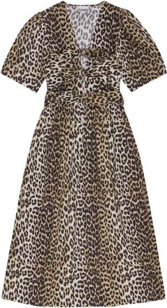 Ganni Midi jurk met luipaardprint en strikdetail - Dames - Casual kleedjes - Bruin - S - Katoen - Kleedjes