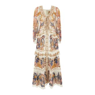Farm Rio FARM Rio, Maxi Dresses, female, Multicolor, Size: XS Sea Garden Ruffled Maxi Dress