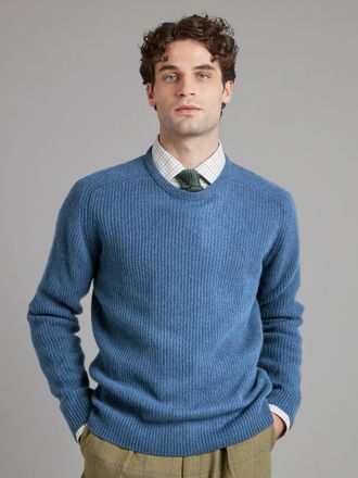 Oliver Brown Lambswool Rib Stitch Crew Neck - Sapphire Blue