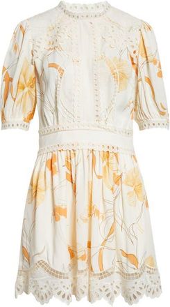 Reiss Lacey Print Eyelet Minidress in Ivory/Pink at Nordstrom, Size 14 Us