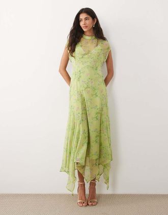 Asos Vestito lungo accollato in chiffon lime a fiori con fondo a fazzoletto-Multicolore