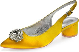 Generic Slingback Wedding Heels Womens Bridal Pointed Toe Chunky Heels Prom Evening Formal Party Pumps Shoes 4.5Cm,Yellow,4 UK
