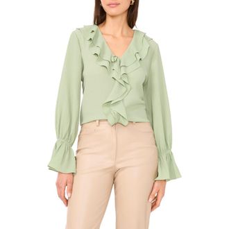 Vince Camuto Double Ruffle Bell Sleeve Top in Eucalyptus at Nordstrom, Size Small