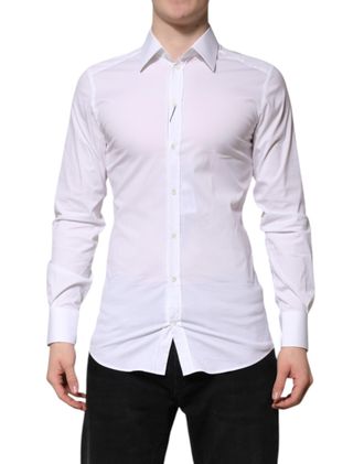 Dolce & Gabbana Mens White Cotton Gold Long Sleeves Formal Shirt Nylon Elastane