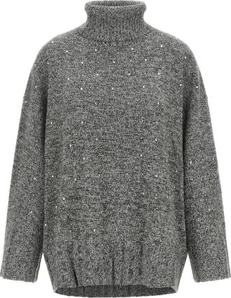 Pinko Turtleneck met kristallen - Dames - Coltruien - Grijs - XS - Wol - Truien & Vesten