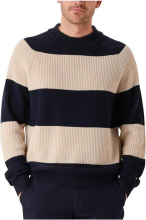Tommy Hilfiger Beige Gestreepte Rugby Cneck Trui - Heren - Ronde hals truien - Beige - L - Wol - Truien & Vesten