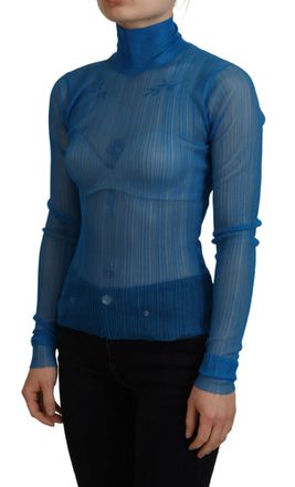 Dolce & Gabbana Womens Blue Mesh Turtleneck Long Sleeve Blouse Top Polyester