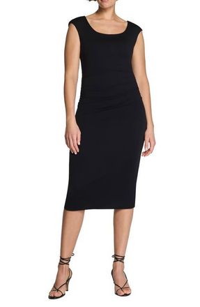 Spanx Ruched Scoop Neck Midi Dress in Classic Black at Nordstrom, Size X-Small