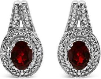House of Brilliance Silver Diamond Accent and 8x6mm Red Oval Garnet Stud Earrings in White at Nordstrom