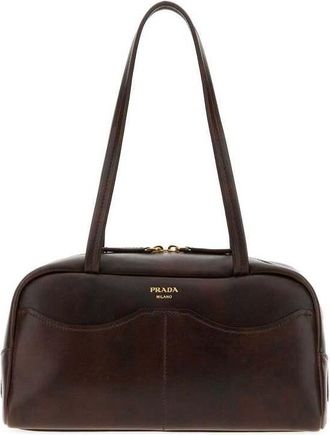 Prada Dark Brown Leather Large Prada Carry Shoulder Bag Cacao Borse A Mano