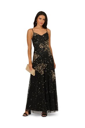 Adrianna Papell Womens Bead Mesh Flower Dress - Black - Size 12 UK