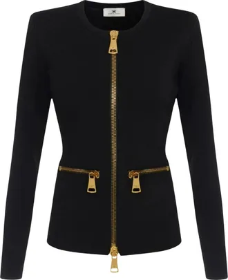 Elisabetta Franchi Hoodies & sweatvesten, Dames, Zwart, M, Leer, Gebreide Cardigan met Gestructureerde Schouders