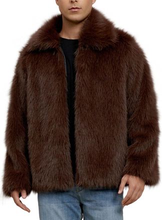 Generic Faux Fur Coat Men Fluffy Furry Long Sleeve Jacket Casual Comfortable Open Front Cardigans Turndown Collar Winter Warm Coat Outdoor Walking