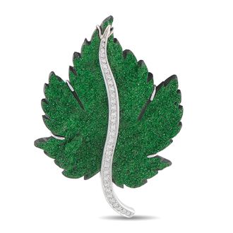 Luxury Bazaar 14K White Gold 0.25ct Diamond and Uvarovite Garnet Leaf Brooch MF01-092226