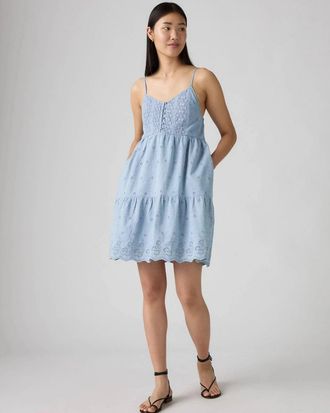 Levi's Cora Mini Dress Womens Blue Cotton Eyelet Detail Tiered V-Neck PALL579