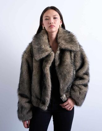 Topshop Giacca bomber in pelliccia sintetica colore neutro con zip