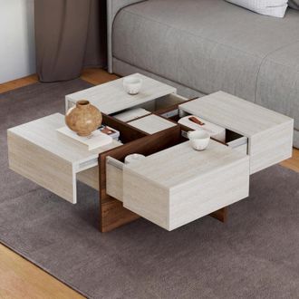 IDMarket Mesa De Centro Cuadrada Talia De 70 Cm Con Cajones De Madera Con Acabado De Nogal Y Tablero De Travertino
