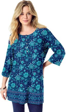 Roaman's Henley Ultra Drape Tunic in Navy Floral Border at Nordstrom, Size 32