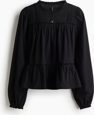 H&M Bestickte Baumwollbluse - Schwarz