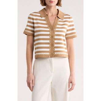Ellen Tracy Stripe Lace Trim Short Sleeve Cardigan in Camel/Marshmallow Stripe at Nordstrom Rack, Size Small