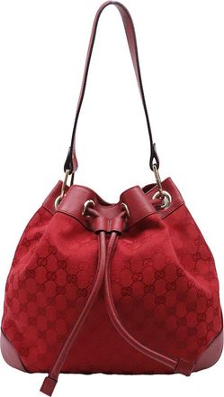 Gucci Burgundy Canvas Gg Monogram Drawstring Bucket Shoulder Bag (Authentic Pre-Loved)