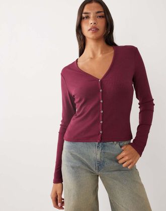 Good American cardigan a coste con scollo a V e bottoni, bordeaux-Rosso