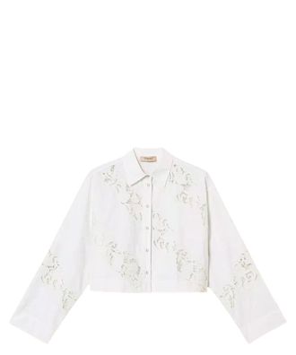 Twin-Set Cropped Long-Sleeve Shirt with Floral Embroidery
