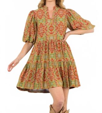 THML Clothing Puff Sleeve Print Dress In Orange/green