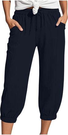 Generic HOOUDO Womens Shorts Co Ord Sets SummerLinen Trousers Capri Pants Culottes Shorts Elasticated Waist Drawstring 3/4 Length Baggy Wide Leg Pants High Wa