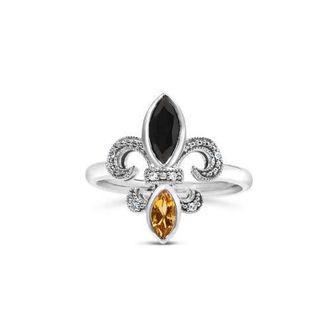 House of Brilliance Silver Onyx, Citrine and Diamond Accent Fleur De Lis Ring in White at Nordstrom, Size 6.5