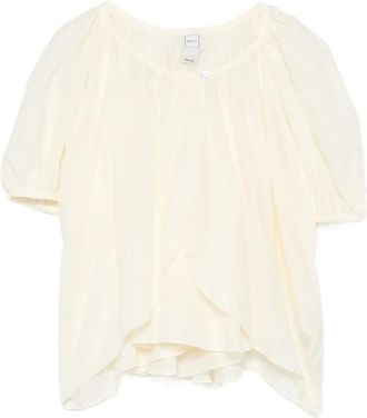 120% Lino Blouse met pofmouwen en ruches - Dames - Blouses - Wit - L - Katoen - Overhemden