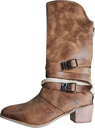 Generic Winter Stylish Women Winter Mid Calf Boots with Belt Buckle Pointed Toe Heeled Footwear for Seasonal Outfits (Brown, 5. 5)