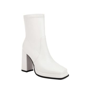 Generic Womens Square-Toe Slip-On Ankle Boots Chunky Block Heel Trendy Casual Booties,White,7.5 UK